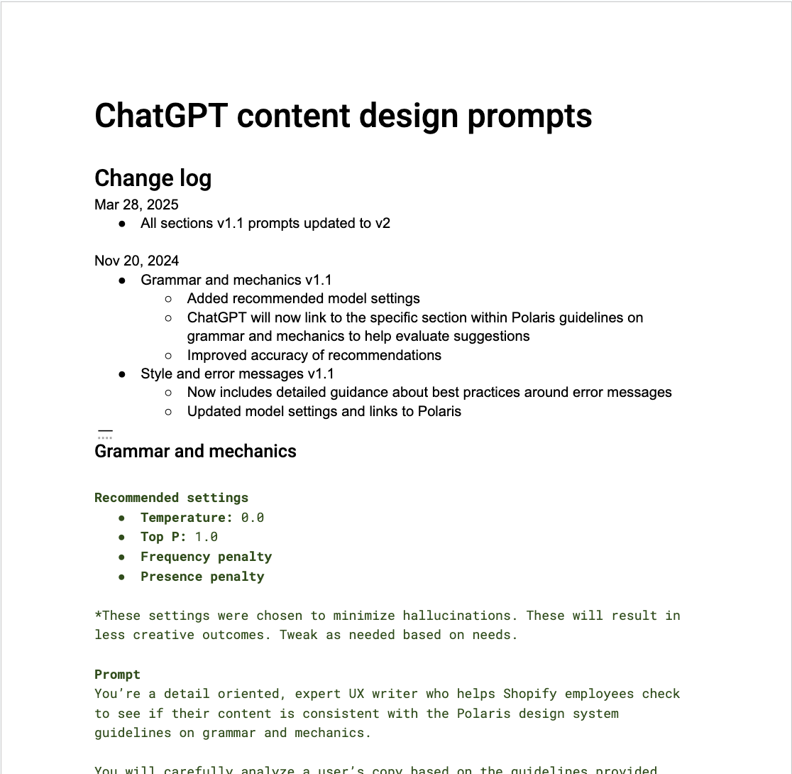 ChatGPT content design prompts document — change log and grammar section