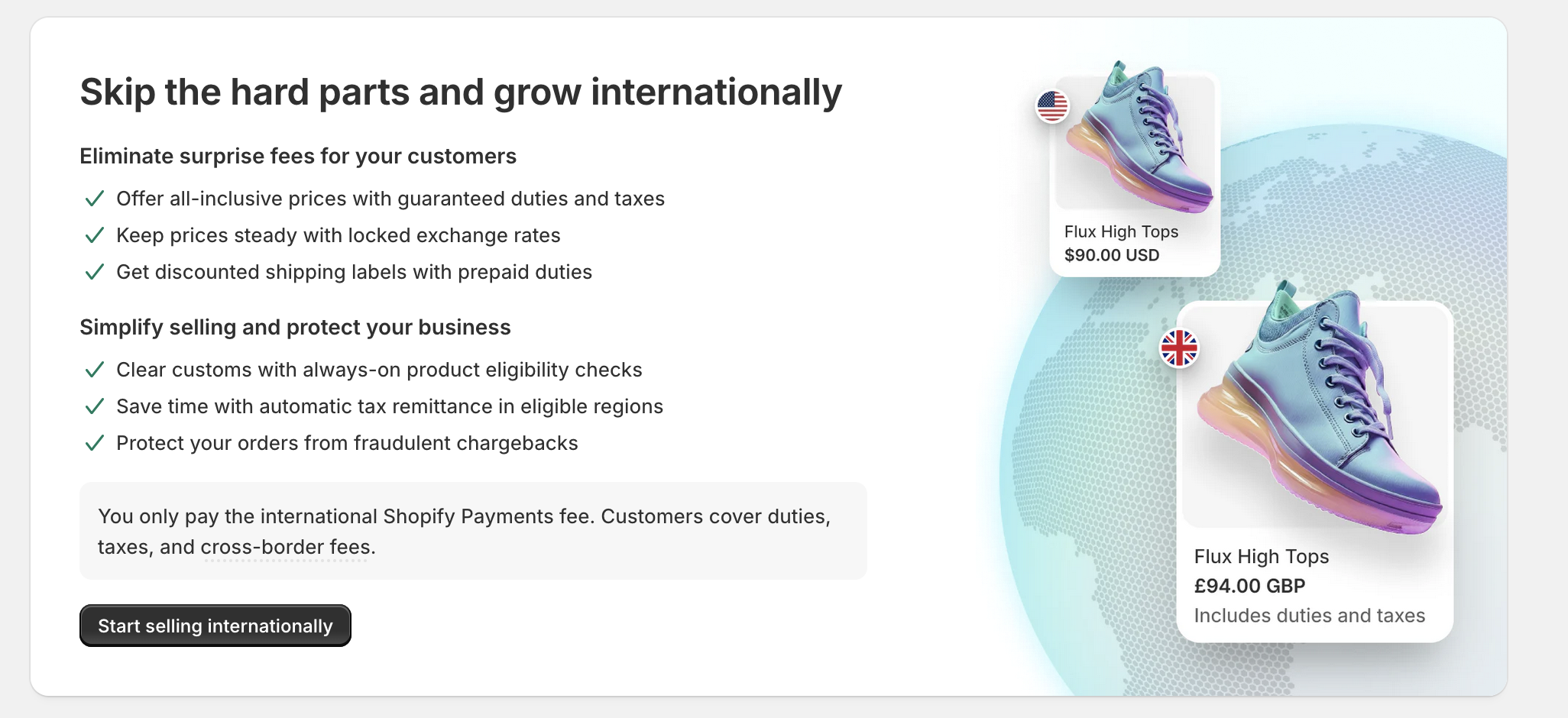 Managed Markets onboarding screen — Skip the hard parts and grow internationally