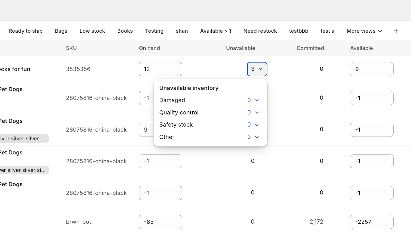 Unavailable inventory list view